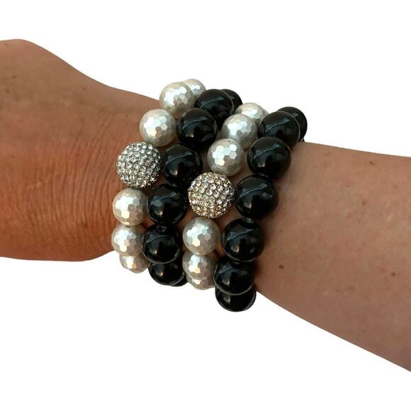 Set of 4 Stacked Bracelets 2 White with Crystal Accents & 2 Black - Picture 1 of 3